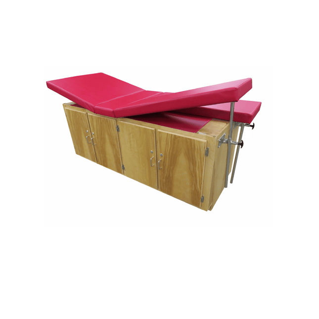 Close-up of Bailey Model 4311 Treatment Table cabinetry detail with wire fingerpulls and upholstery