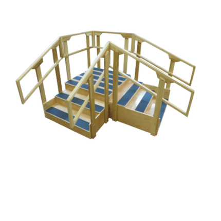 Bailey 815 ADA Training Stairs – side view showing platform, hardwood steps, and safety rails